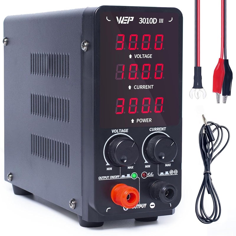 WeP 3010D-III DC Variable Power Supply 30.00V 10.00A High Precision Bench Lab Power Supply with Alligator Clips for anodizing kit, Electroplating, arduino, breadboard - Image 1